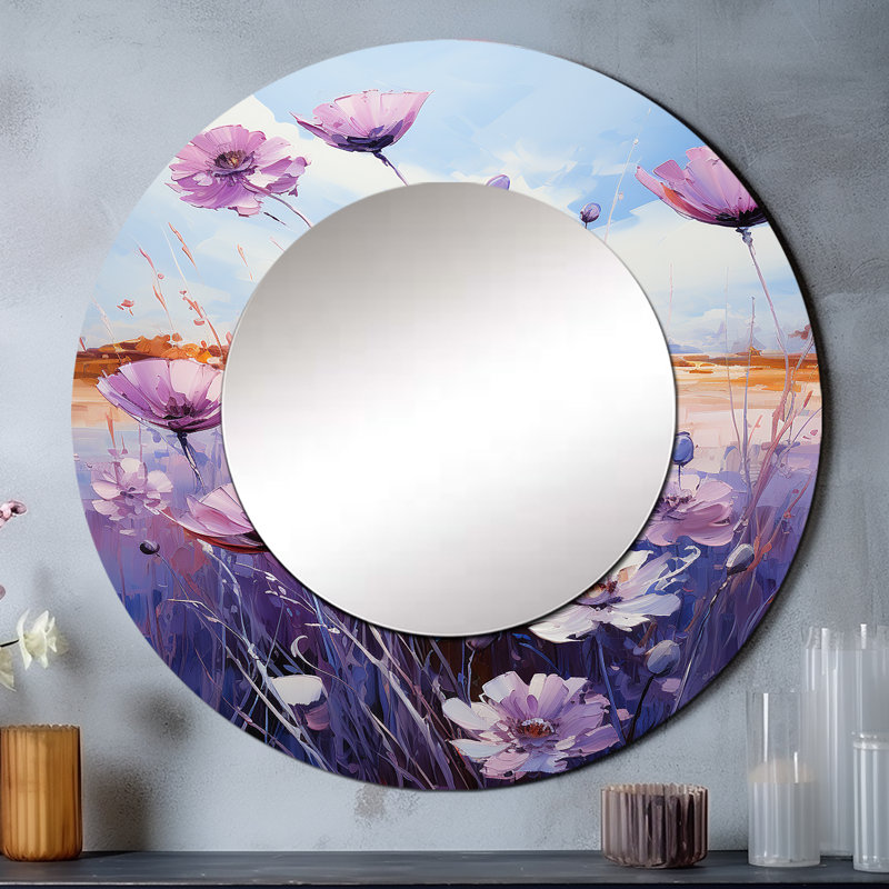 Ruhul Blue And Purple Cornflowers Fauvist Field II - Cornflowers Decorative Mirror, Traditional Round Wall Mirror, Printed Metal Art