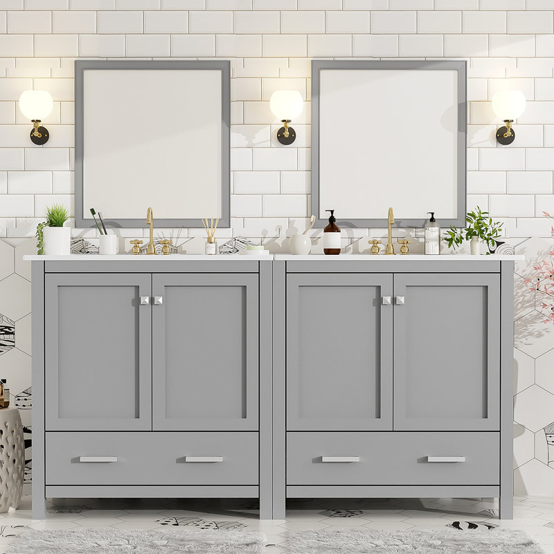 60" Grey Bathroom Vanity Set With Double Vanities (Separate), Double Ceramic Sinks, Storage Shelf, And Divided Drawers  (Mirror Not Included)– Modern Bathroom Solution For Spacious Bathrooms