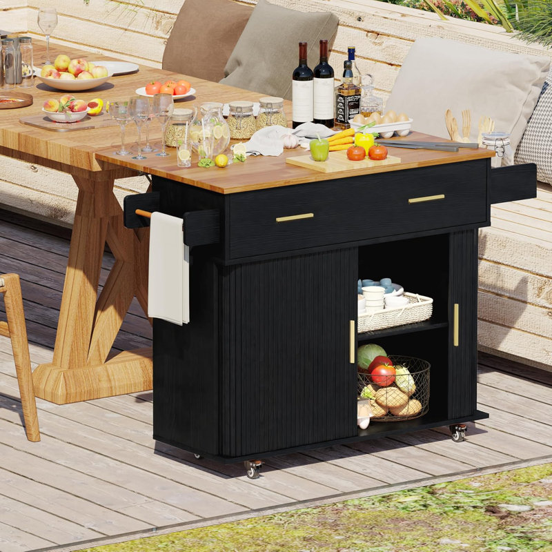 Rolling Kitchen Island with Drop Leaf Countertop, Sliding Door Storage & Lockable Wheels, Black