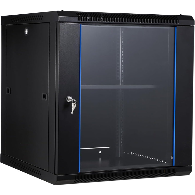 Wall Mount Network Cabinet - Server Rack Enclosure with Locking Glass Door & Removable Side Panels, IT/AV Equipment Rack for Secure Data and Audio-Visual Installations