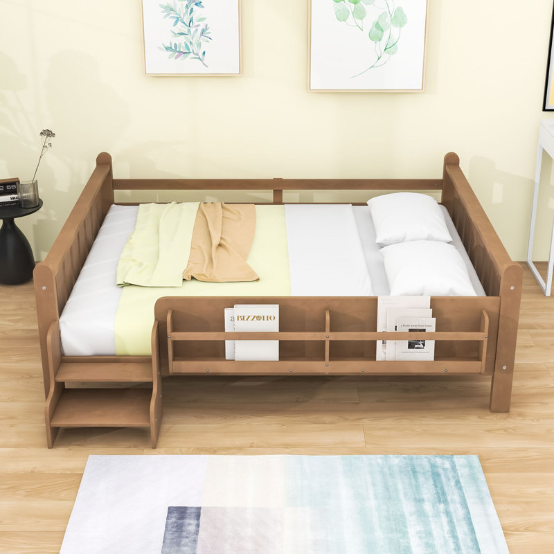 Queen Size Platform Bed with Built-In Storage Bookcases, Guardrails and Stairs, Natural