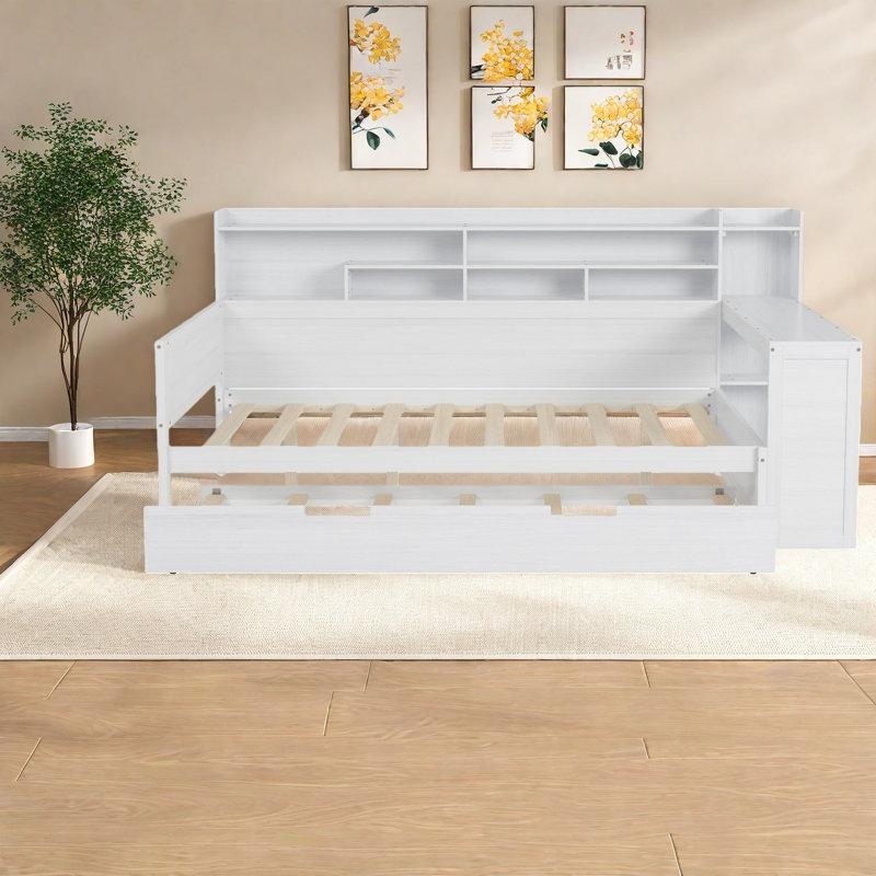 Lits en bois peu encombrants avec rangement, conception multifonctionnelle en blanc antique