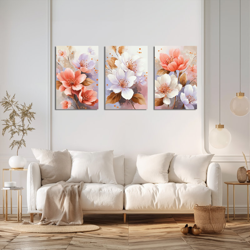 «Blush Floral», reproduction d'art sur toile tendue sur toile (ensemble de 3), H 24 po x l 48 po
