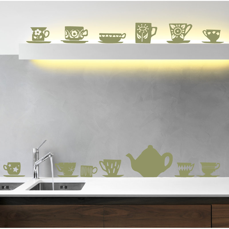 Décalcomanie murale tasses de thé, H 32 po x l 33 po x P 0,01 po, Olive