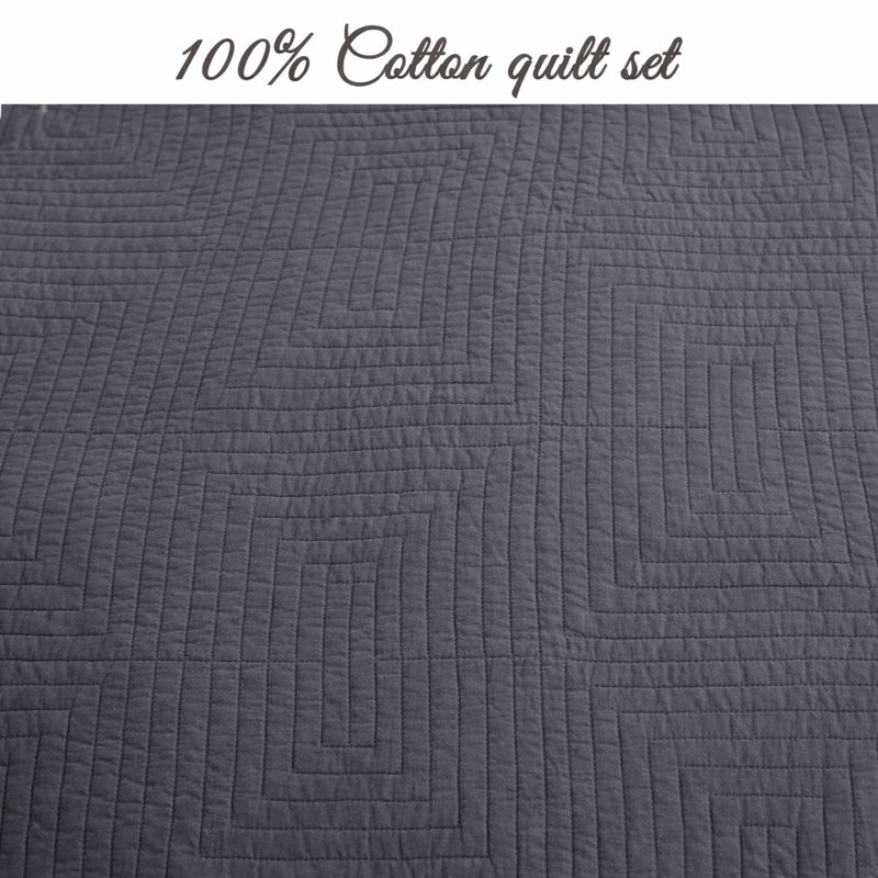 Square Diamond Maze Crisp Clean Solid Chic Gray 3 Piece Cotton Quilt Bedding Set, Queen Quilt + 2 Standard Shams, Gray