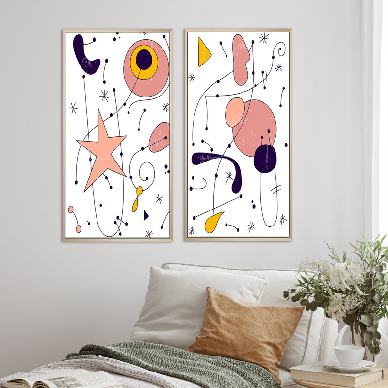 «Vintage Abstract Shapes Universe IV», ensemble de 2 peintures, H 40 po x l 40 po x P 1,5 po, Toile avec cadre brun