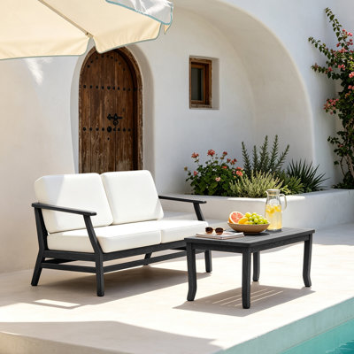 Ensemble de patio extérieur en teck pour deux personnes avec coussins et table d'appoint Polett