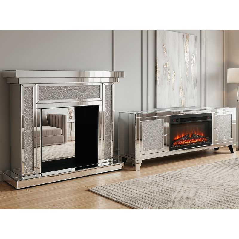 Tall Mirrored Silver Fireplace Tv Stand For 65 Inch Tvs And 46.06"*12.59" Mirror Fireplace Mantel Surround