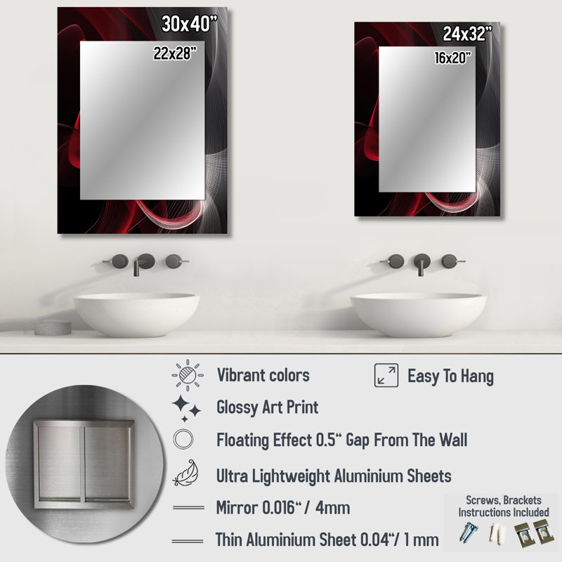 Red Black Contemplative Abstraction I - Waves Decorative Mirror, Modern Wall Mirror, Printed Metal Art, 40" x 30"