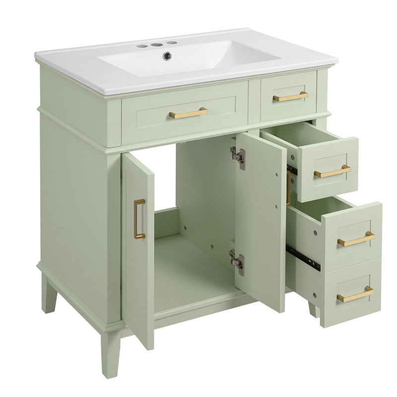 30" Bathroom Vanity With Ceramic Top, Cabinet And Drawers, Green
