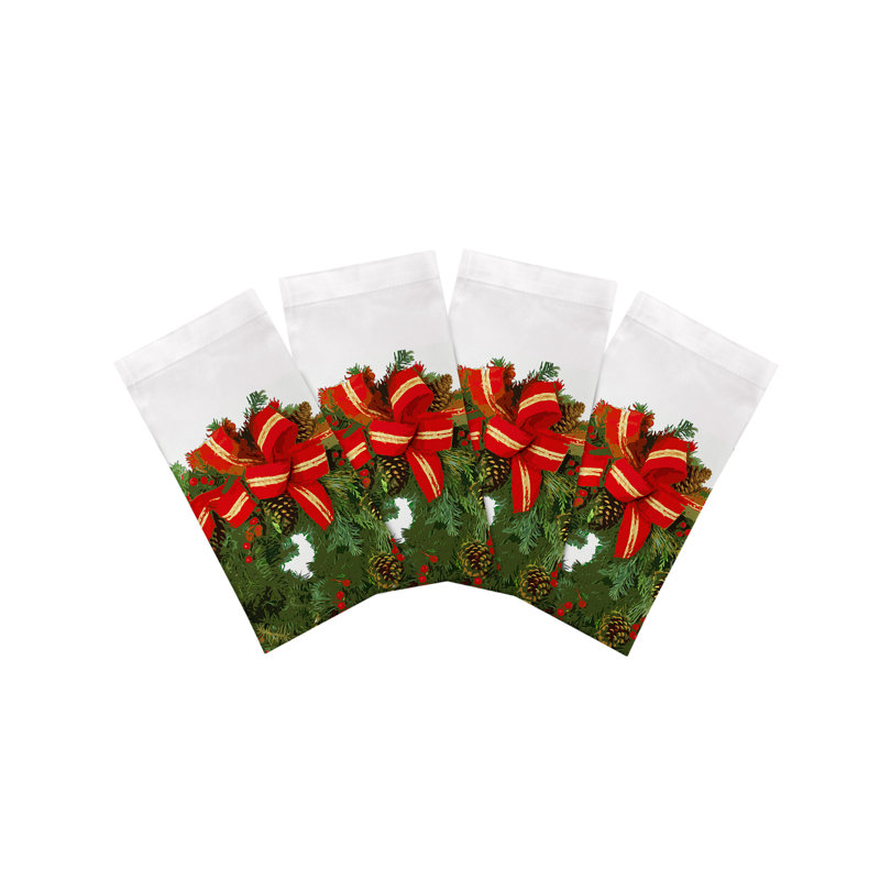 Christmas Wreath Cotton Sateen Dinner Napkins, White Red