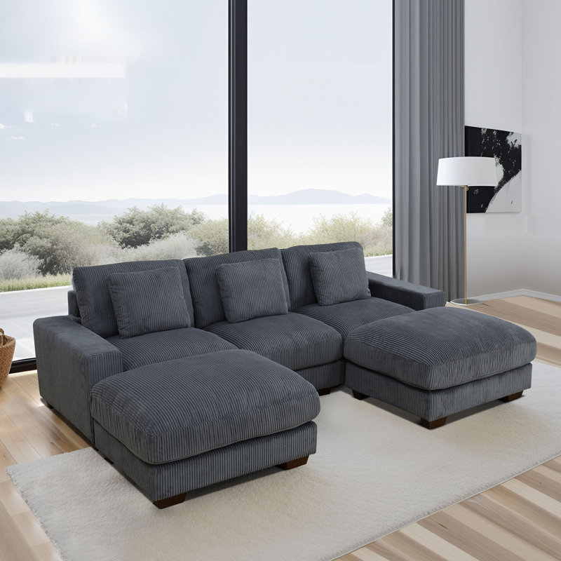 Sydnea 6-Piece 123" Wide Premium Corduroy Reversible Living Room Modular Sectional Sofa with Ottoman, Gray Corduroy