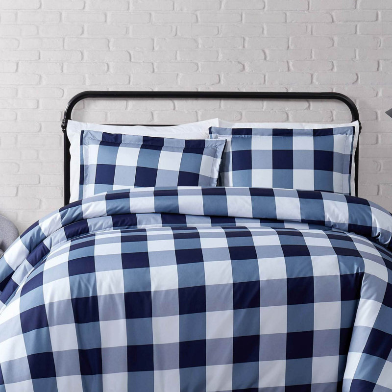 Navy and White Buffalo Plaid Microfiber Duvet Cover Set