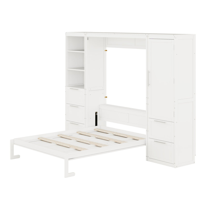 Lit escamotable Murphy avec placard, tiroirs et tablettes, Blanc