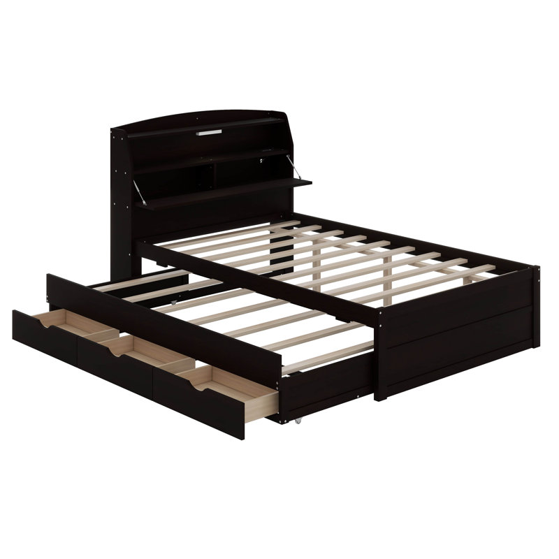 Lit plateforme avec tête de rangement à DEL et station de charge, cadre de lit en bois avec lit gigogne et 2 tiroirs, Double