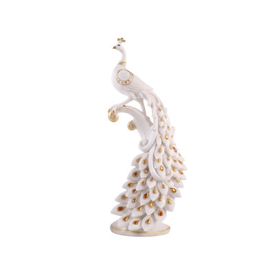 White Peacock Resin Figurine with Gold & Crystal Accents, New Chinoiserie Statue for Living Room, Entryway & Mantel Decor, 2 Sizes Available