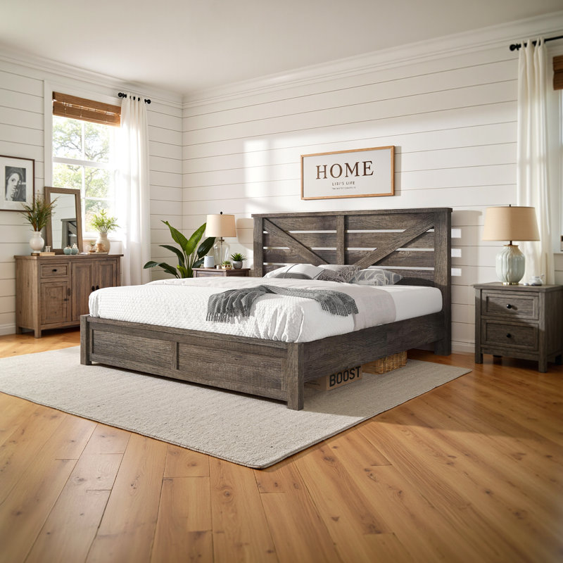  Cadre de lit très grand avec porte de grange 49,2 po Tryston Farmhouse, gris, Très grand, gris
