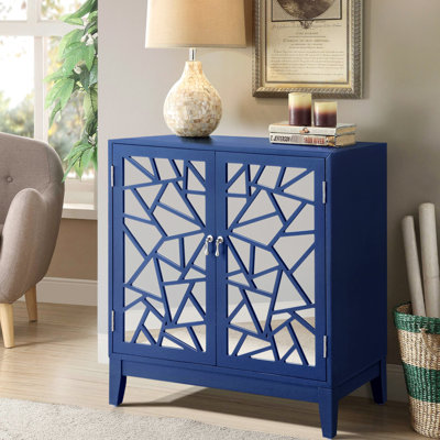Console 2 portes bleue - Portes géométriques à miroir pour une ambiance unique - Grand espace de rangement - Bois et miroir : une touche élégante
