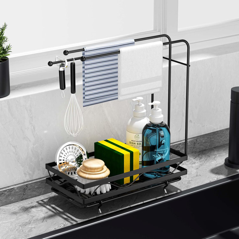 Kitchen Sink Organizer With Sponge Holder, Dish Soap Dispenser, Towel Rack & Brush Holder