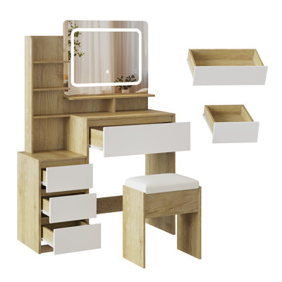 Bureau de coiffeuse avec miroir et lumières réglables, prise de courant intégrée et espace de rangement