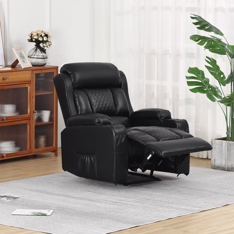 Fauteuil inclinable et chauffant de massage en simili cuir avec porte-gobelets Lumir, Noir