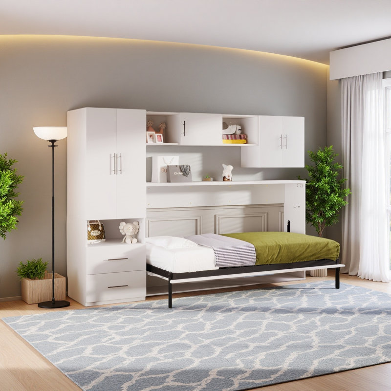 Lit escamotable avec tablettes ouvertes et tiroirs de rangement