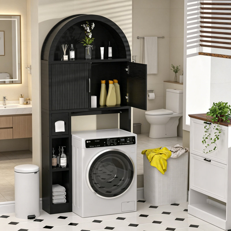 Over Toilet Storage Cabinet, Arched Doors, Adjustable Shelf, Black