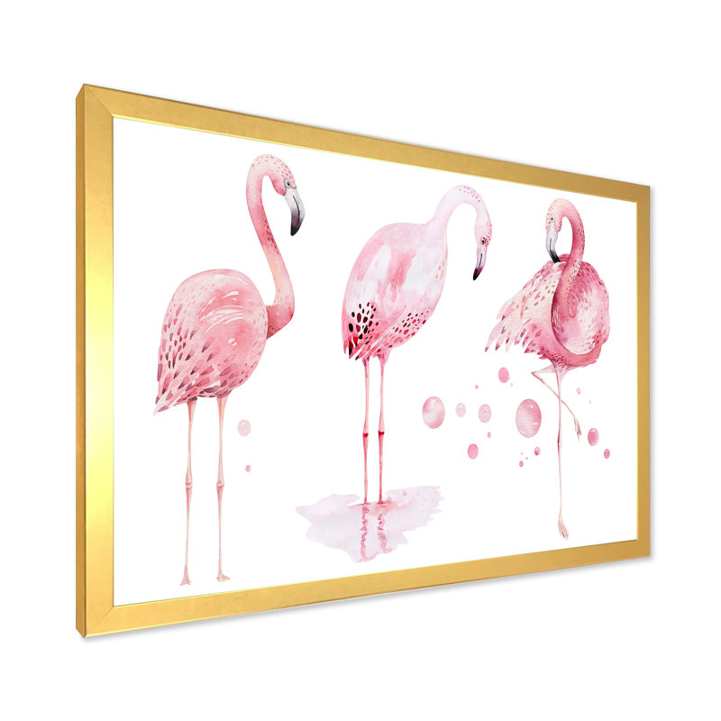 Flamants roses sur fond blanc, reproduction sur toile, Toile à cadre d'angle fermé doré, H 12 po x l 20 po