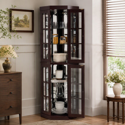 Grande armoire d'angle éclairée en cerisier foncé, armoire de rangement autoportante avec portes en verre encadrées supérieure et inférieure, casier de rangement pour le salon, la chambre à coucher