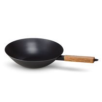 WANGYUANJI Cast Iron Wok Pan 14.2 Large Wok Stir Fry Pan Flat Bottom Wok  with Lid and Wood Handle,Suitable for All Cooktops, Uncoated Craft Wok