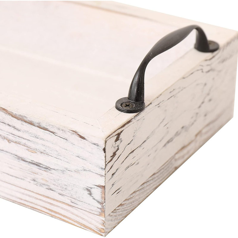Rustic Wooden Rectangular Serving Tray With Handles, Ottoman Tray For Living Room And Home