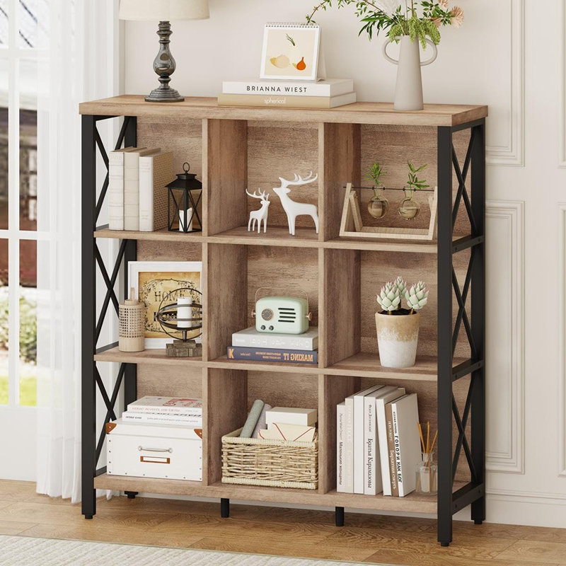 Bibliothèque à 9 cubes, bibliothèque industrielle à 4 tablettes, ..., Chêne rustique