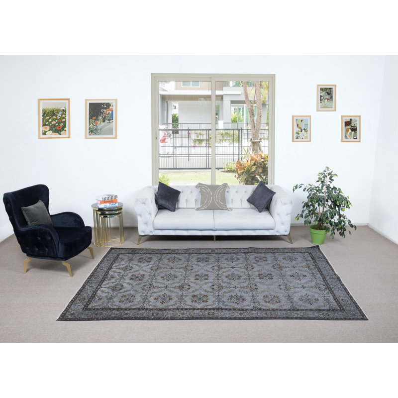 Tapis turc fait à la main 6,4 x 9,8 pi avec motif botanique et fond gris