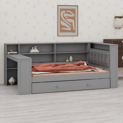 Platform Bed with Storage Shelves, Trundle, Charging Station, LED Lights, Desk and Upholstered Headboard