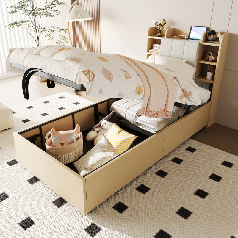 Hydraulic Storage Bed, European Single (90 x 200 cm), Brown