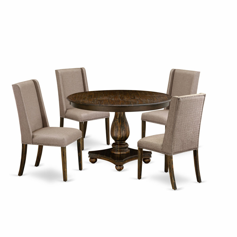 5 Piece Dining Room Table Set Includes a Round Kitchen Table with Pedestal and 4 Dark Khaki Linen Fabric Parson Dining Chairs, Distressed Jacobean