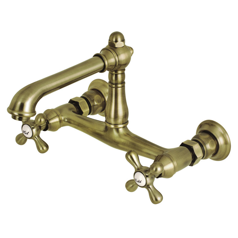 English Country 8" Vintage Brass Wall Mount Bathroom Faucet