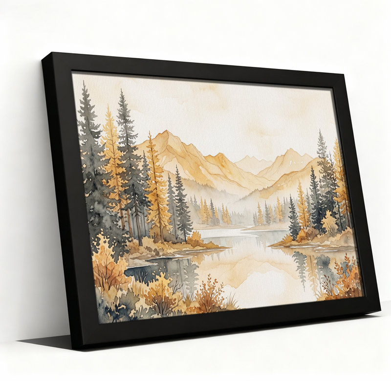 «Misty Mountain Lake and Pine Trees», peinture à l'aquarelle sur toile, 20"H x 30"W