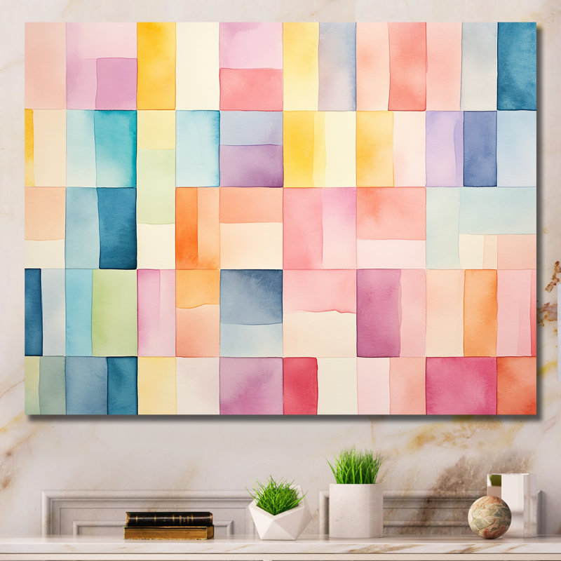 Mid-Century Pastel Color Cubes I - Art mural géométrique, H 24 po x l 32 po x P 1 po, Toile tendue