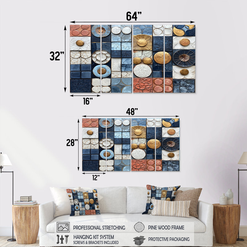 «Abstract Blue and White Rhythms Tiles III», ensemble d'art mural abstrait, H 32 po x l 64 po