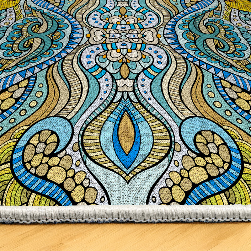Florest Collection Digital Print Cotton-Polyester Blue Floral Rug, Rectangle 6'7" x 8'3"