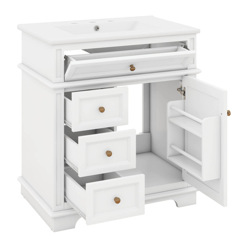 Meuble-lavabo de 30 po avec lavabo en céramique, meuble-lavabo avec 3 tiroirs et un tiroir rabattable, Blanc