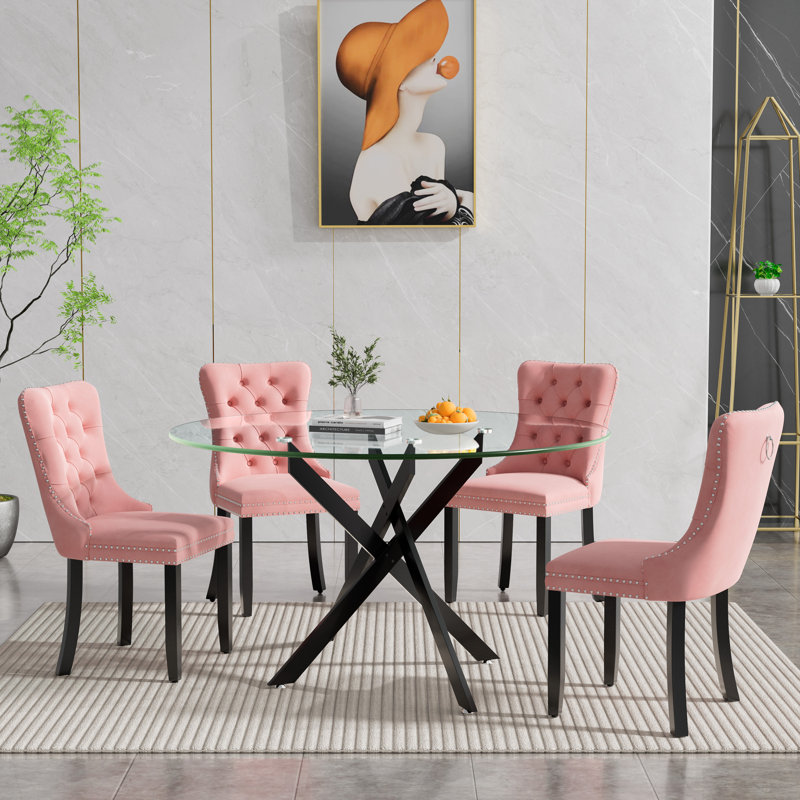 5 Piece Round Glass Dining Table Set for 4, Modern 47.25" Glass Kitchen Table, Tufted Velvet Upholstered Dining Chair, Circle Dining Table and Chairs Set for Dining Room