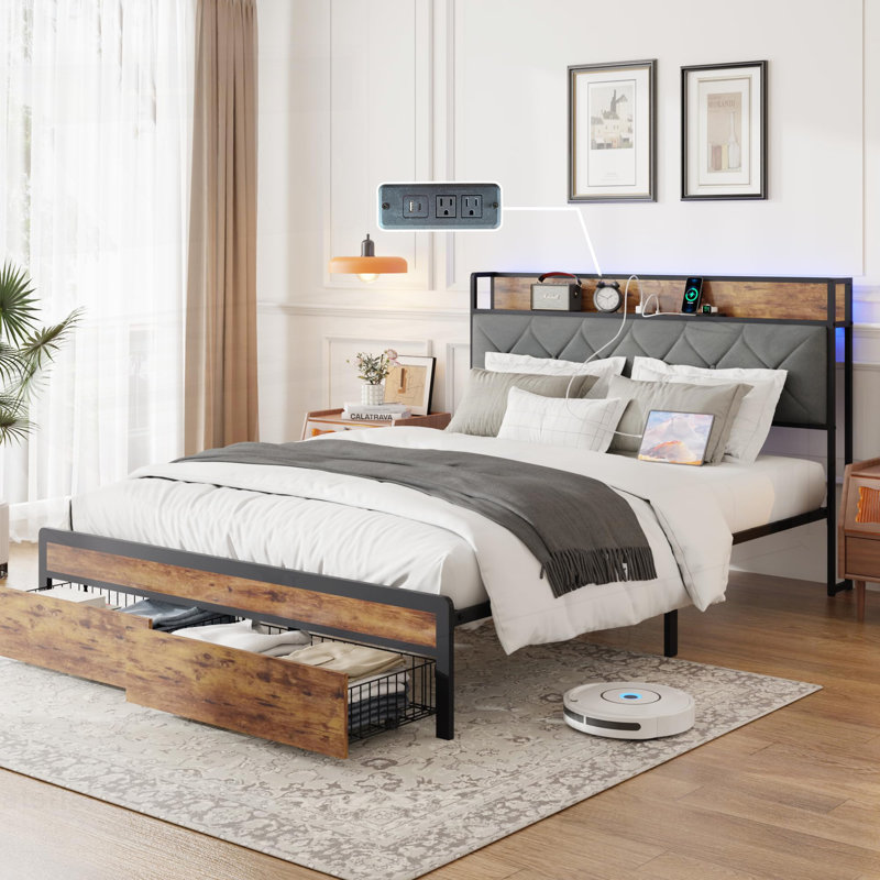 Metal Platform Bed Frame with Velvet Button-Tufted Headboard, 2 Storage Drawers, LED Light & USB Charging Port, Heavy Duty, Brown Wooden Panel, No Box Spring Needed