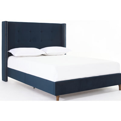 Queen Bed 54" Headboard, Charming Tufting & Nailhead Trim, Blue Velvet, Box Spring Not Needed, Easy Assembly Instructions Frame With Fashionable Tufting, Trimmed Wingback, No Spring, Simple Build