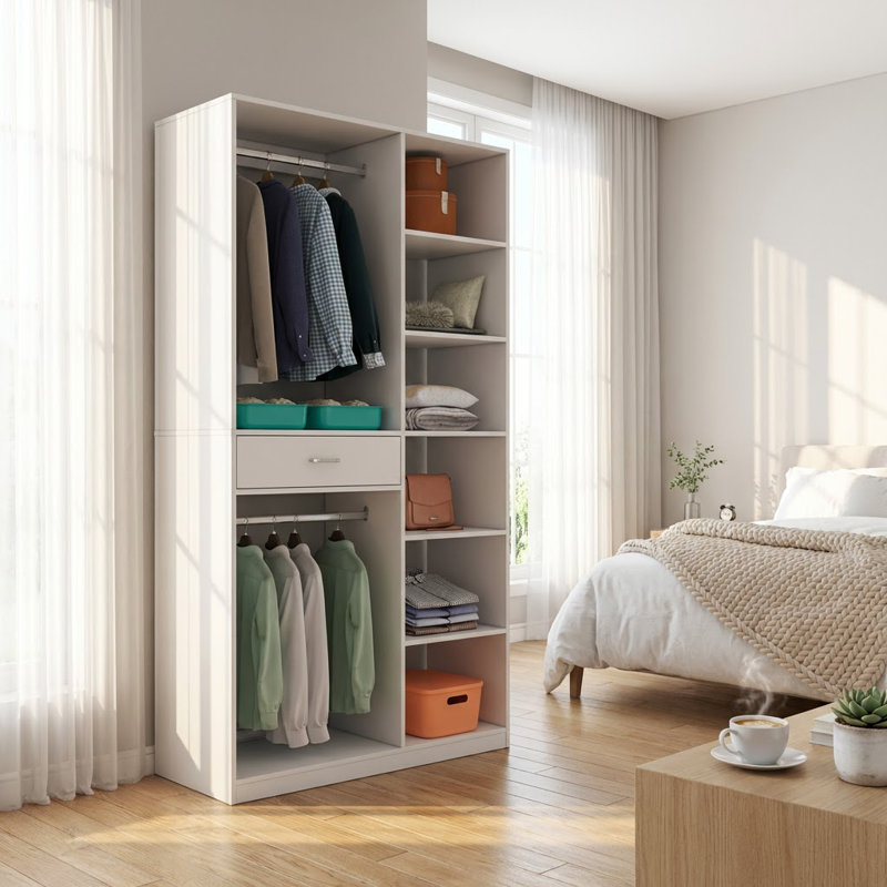 Freestanding Closet Organizer System with 6 Open Shelves, 2 Hanging Rods, and 1 Wood Drawer
