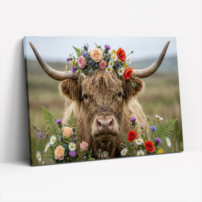 Floral Crown Highland Cow Canvas Wrapped Wall Art Oil Painting Print Set Of 1