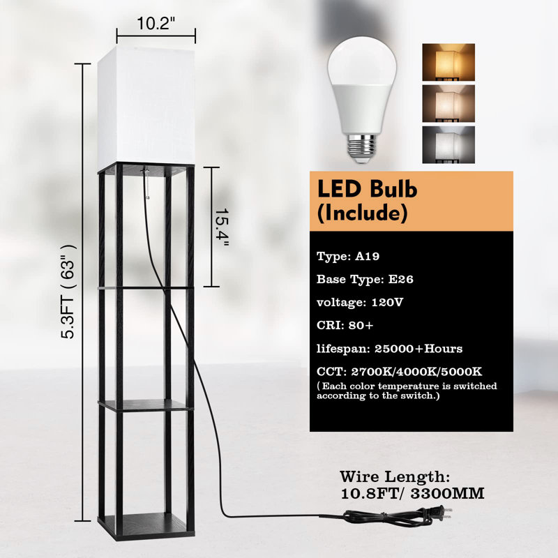 Floor Lamp With Shelves, Shelf Floor Lamp With Wireless Charger & 2 Charging Usb Ports & Drawer, Black