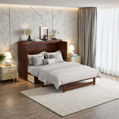 Armoire lit escamotable grand format avec tiroir en rotin et rangement - Finition noyer