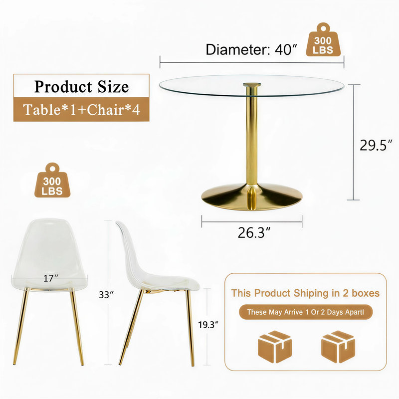 Stites Modern 5-Piece Round Glass Dining Table Set, 31.5" Tempered Glass Table with 4 Clear Acrylic Chairs and Metal Base